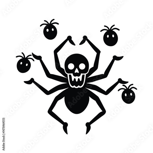spider juggling skulls slime on white