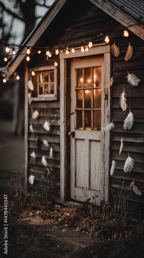 Obraz premium Rustic Wooden Cabin Exterior Evening Fairy Lights Cozy Nature Retreat Tranquil Nightscape Small Warm Details Country Charm Scenic Ambiance Weathered Home Natural Quiet Garden Decor