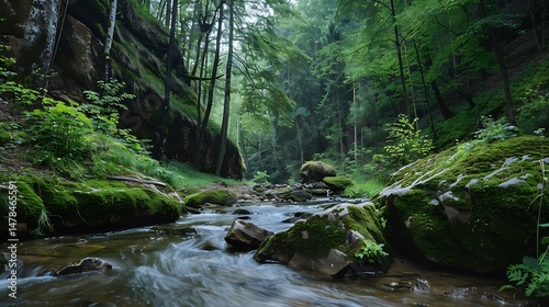 Sunlit Forest Stream Flowing Through Green Lush Vegetation and Moss Covered Rocks