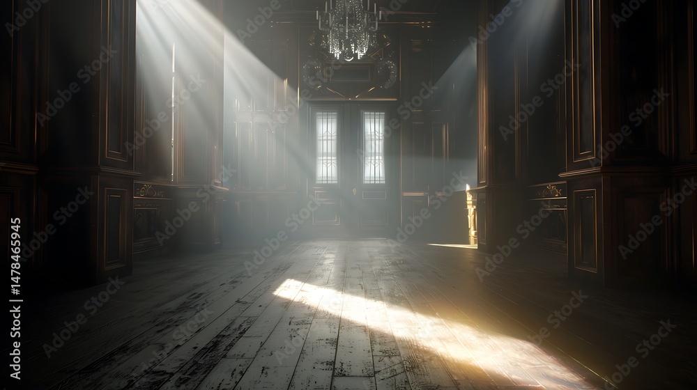 Fototapeta premium Sunlit Hallway Interior With Light Beams Shining Through The Wooden Structure