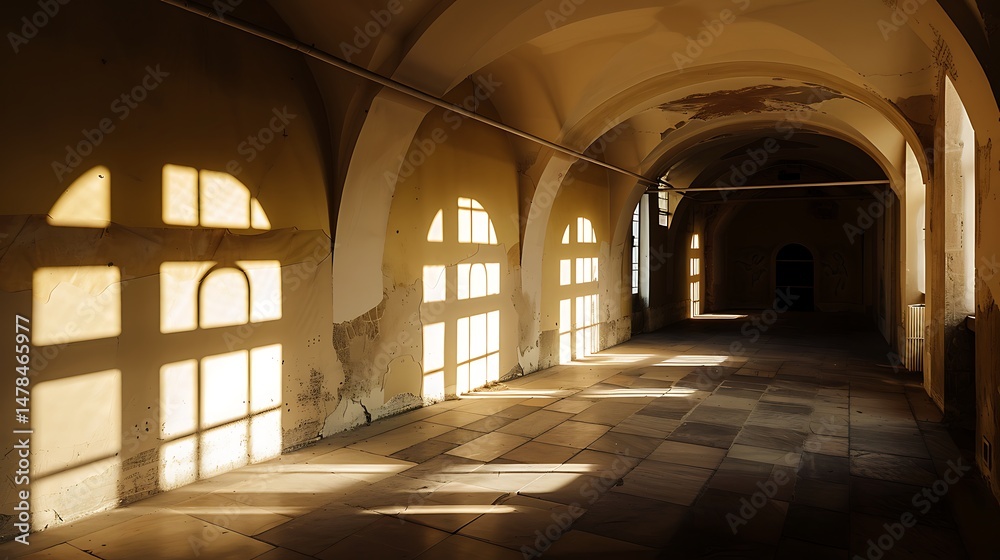 Fototapeta premium Sunlit Hallway Interior with Window Shadows and Arched Ceiling