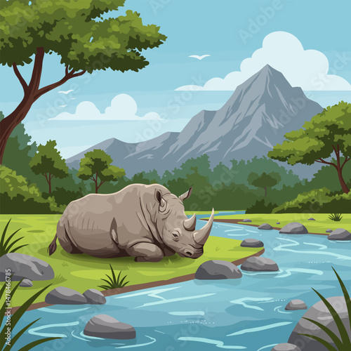 Rhino Resting by River with Mountain View in Natural Habitat