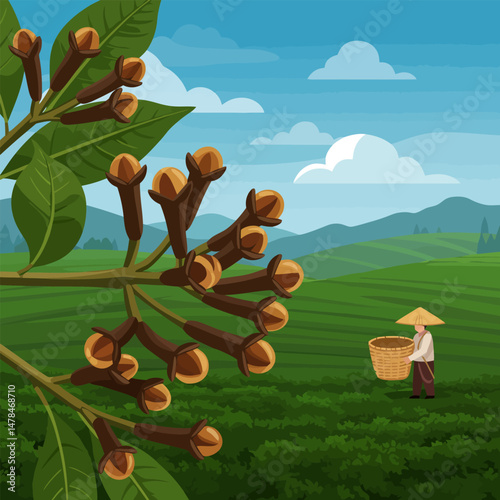 Clove Branch with Tea Field Landscape and Worker Illustration