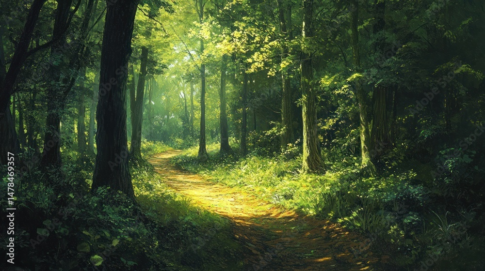 Obraz premium Sunlit Path Through a Dense, Lush Forest