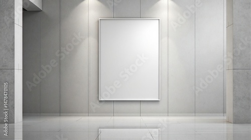 Blank poster frame hanging on a textured concrete wall in a modern gallery or exhibition space with spotlights. Advertising or art display mockup.