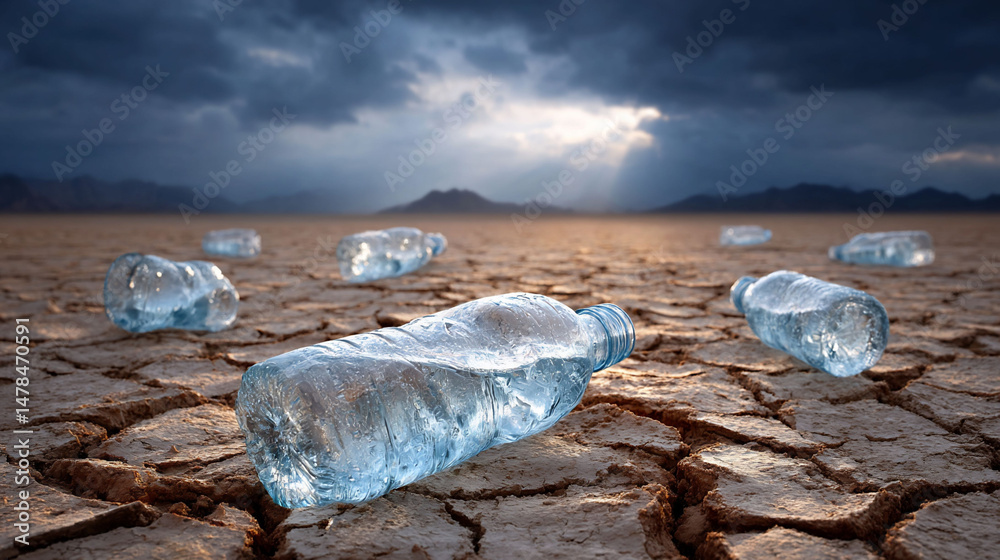 Obraz premium Thirsty desert scattered bottles cracked earth dim light
