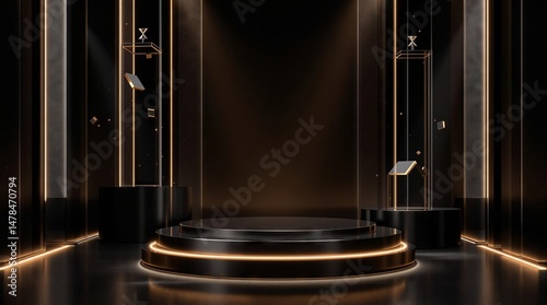 Futuristic black stage with glowing gold lines and a product podium. Abstract dark technology background for presentations, events, or product showcases.