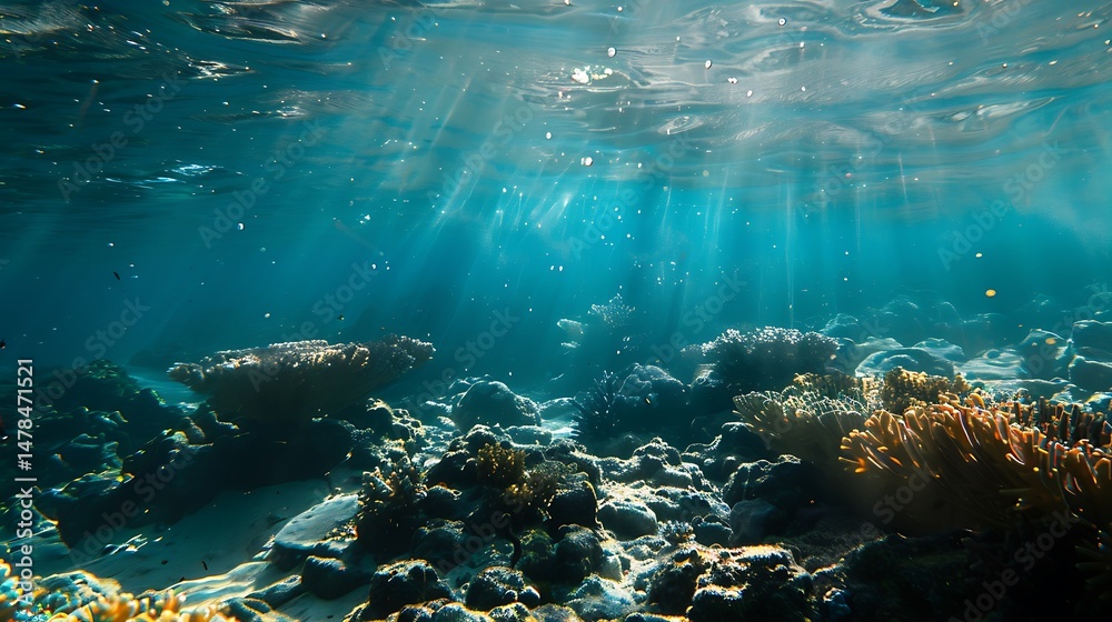 Naklejka premium Underwater Scene Showing Coral Reef Sunlight Filtering Through Blue Water