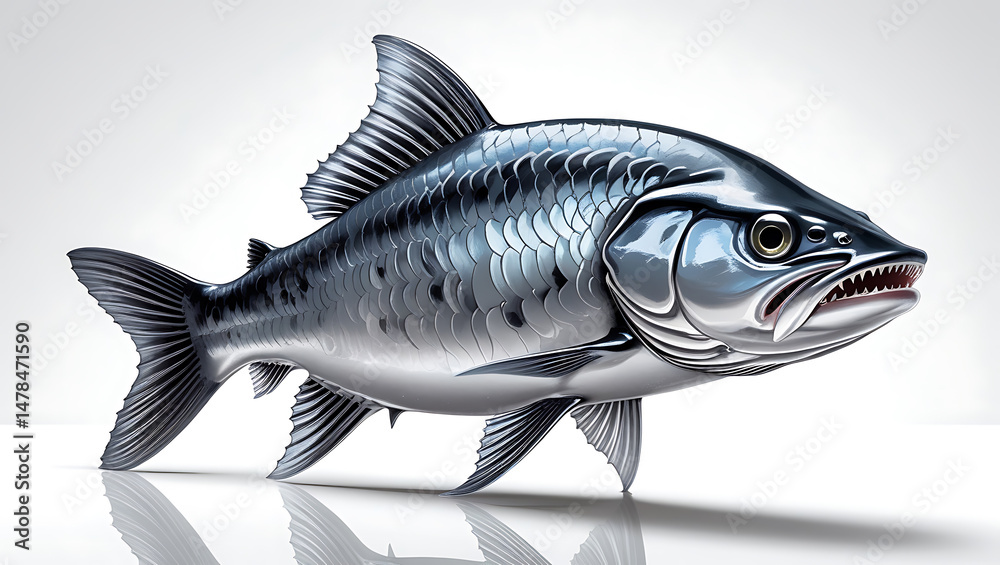 Fototapeta premium Shiny metallic fish illustration against a white background, ready for any project.