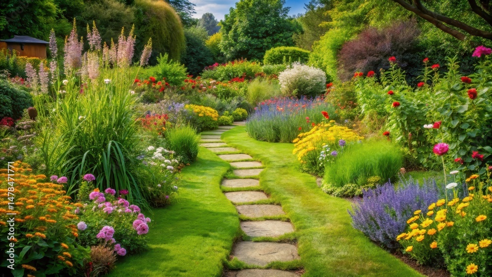 Obraz premium Serene garden scene with a winding stone path meandering through lush green grass and vibrant wildflowers, garden decor, nature walk