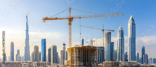Dubai Skyline Under Construction With Cranes