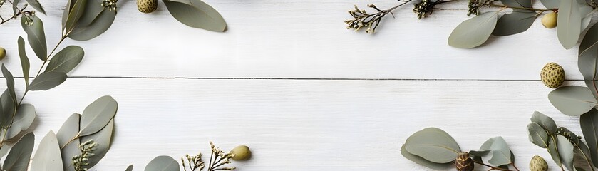 Elegant arrangement of dried eucalyptus and small decorative objects.
