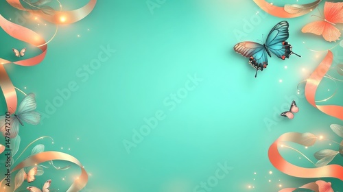 Elegant Turquoise Background with Colorful Butterflies and Flowing Coral Ribbons in Soft Pastel Hues