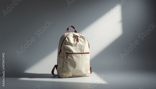 Minimalist beige backpack illuminated by natural light against a soft gray backdrop for a sleek aesthetic