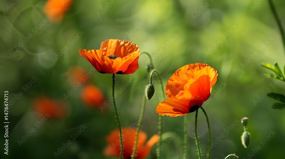 Obraz premium Vibrant Red Orange Poppies Blooming in Sunny Daylight with Green Background