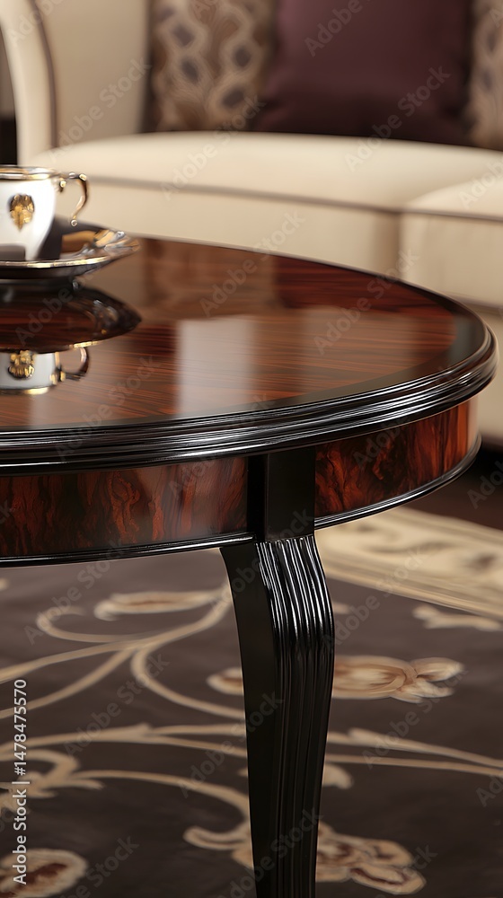 Obraz premium Wooden coffee table with a floral rug underneath it