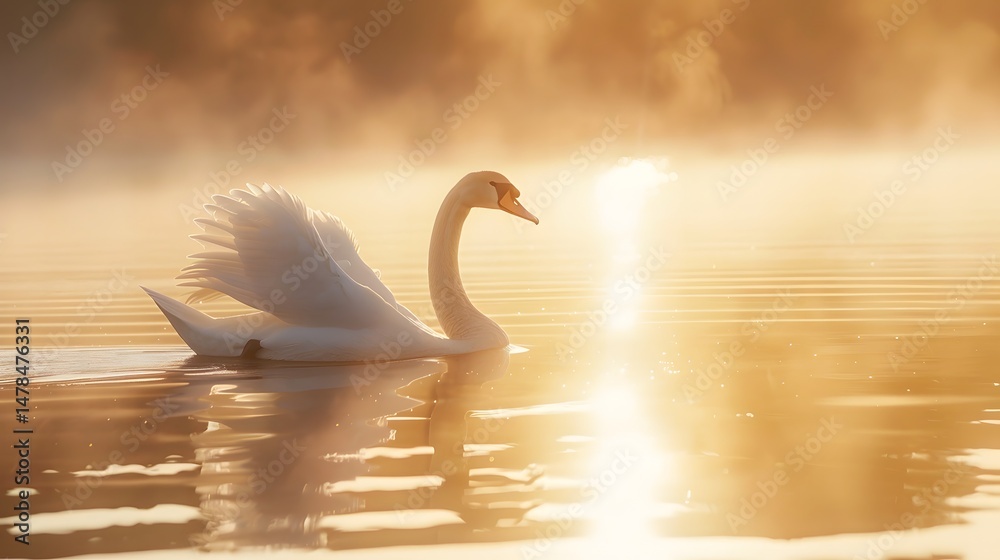 Fototapeta premium A majestic white swan gliding across a misty lake