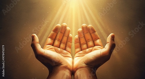 Light streams down upon two open hands, their palms up in a gesture of supplication or offering, against textured golden-brown backdrop.religion mood