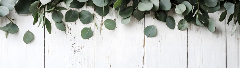 Delicate eucalyptus leaves on a white wooden background.