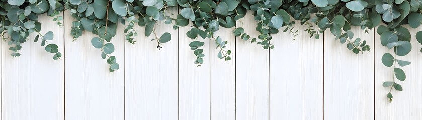 Fresh eucalyptus sprigs on a white wooden background