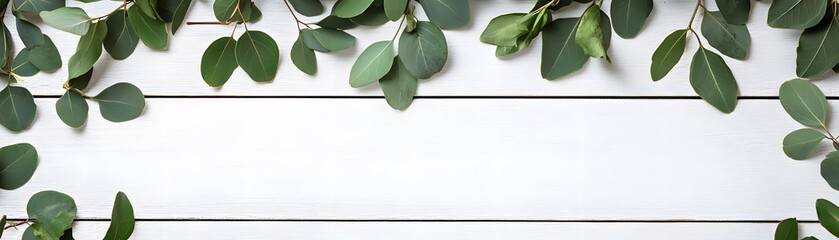 Fresh eucalyptus leaves arranged on a white wooden surface.