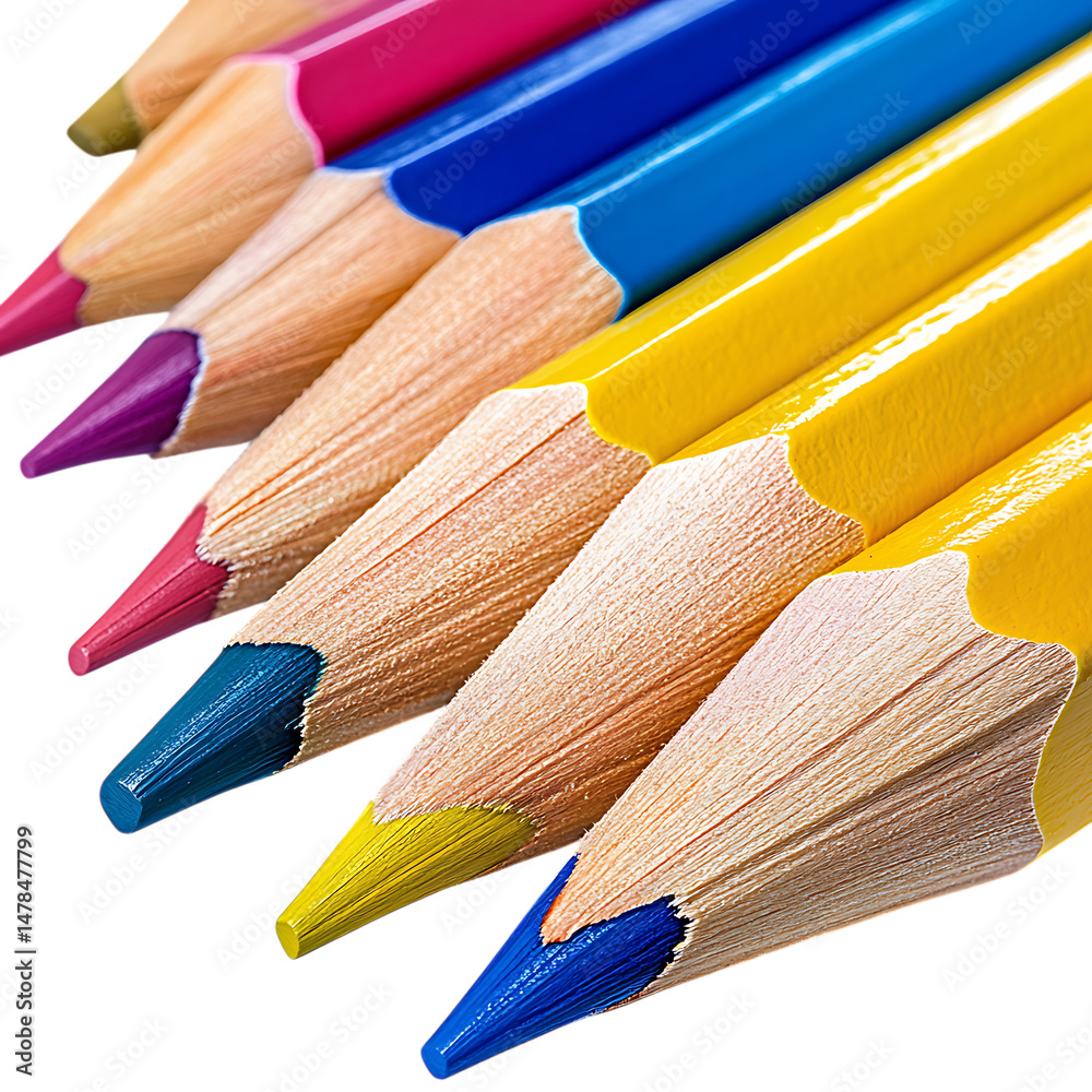 Naklejka premium Set of colored pencils aligned diagonally, bright colors, pure white background 