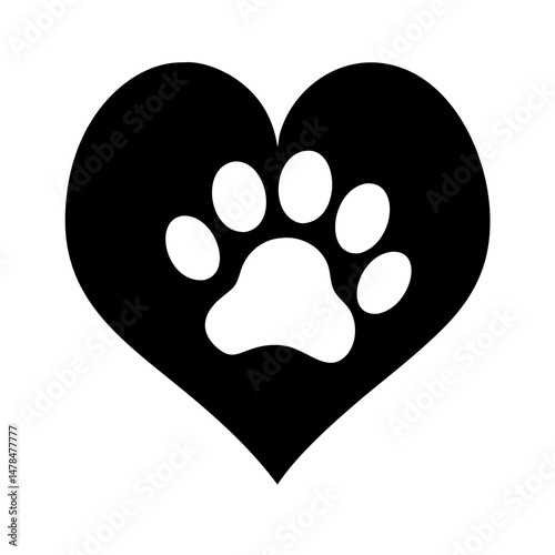 Paw in heart silhouette on transparent background for web and graphic design