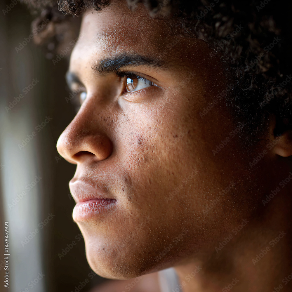 Obraz premium Young Male Profile Portrait Curly Hair Freckles Thoughtful Expression Face Closeup Eyes Gazing Natural Light Beautiful Skin Tone Calm Relaxed Serene Alone Pensive Depth Emotion Lifestyle Intimacy