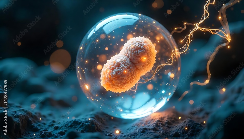 Naklejka premium Microscopic Cell Structure Encapsulated in a Glass Sphere, Illuminated by Glowing Filaments, a Stunning Scientific Illustration