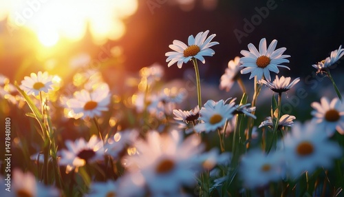 Daisies in sunset field photo