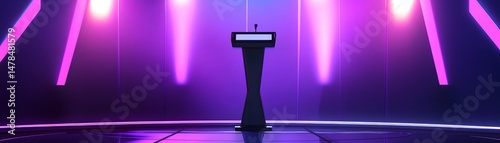 Empty podium on a vibrant purple stage. photo