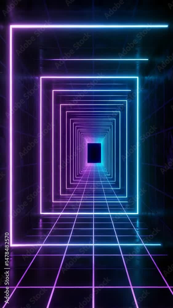 Glowing digital grid in a futuristic sci-fi tunnel with neon lights  