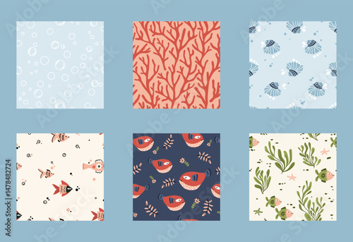 Folk hygge sea seamless pattern pack, fishes, seaweeds, corals, flowers and leaves scandinavian nordic style, ocean motives on background for wrapping, textile, digital and scrapbook paper