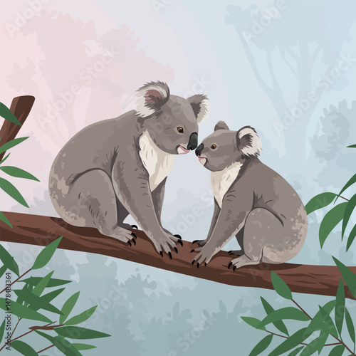 Two Gray Animals Sitting on Branch Amidst Eucalyptus Leaves