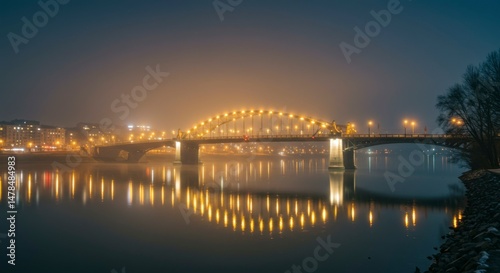 Misty night bridge over a river
