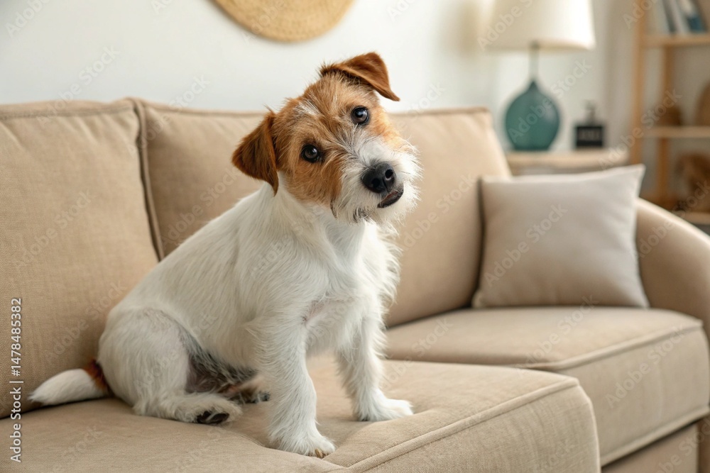 Jack Russell Terrier puppy with wire hair sitting on beige couch looking at camera - generated by ai Jack Russell Terrier puppy with wire hair sitting on beige couch looking at camera - generated by ai