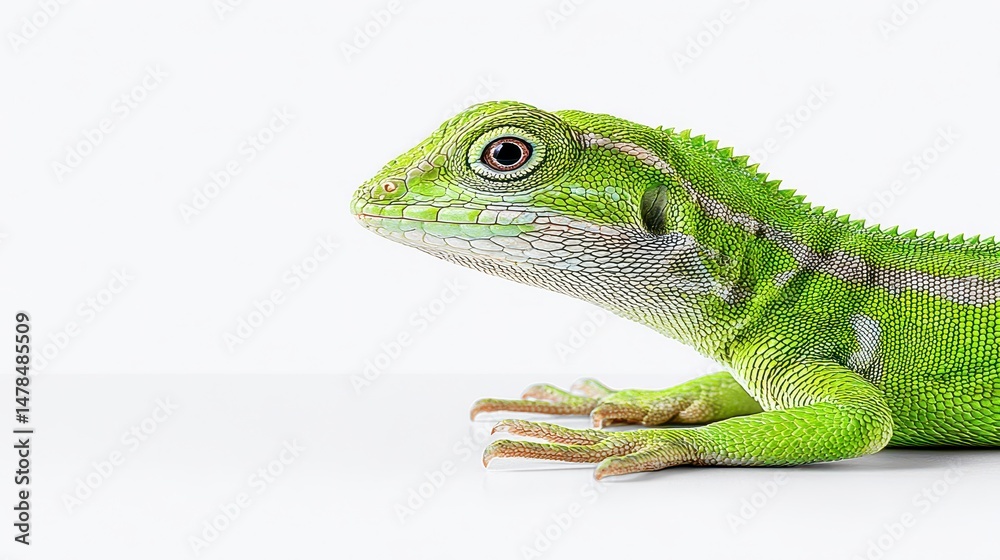Fototapeta premium Vibrant Green Chameleon Closeup Exotic Reptile Profile View Minimalist Background Wild