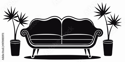 Black and White Silhouette of Elegant Sofa with Plants