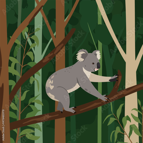 Koala Climbing Tree Branch Among Forest Illustration Wildlife Concept