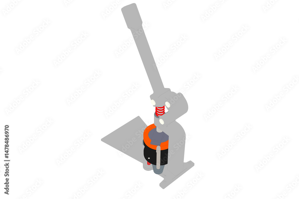 Fototapeta premium Illustration of the Working Parts of a Hand Press for Badges and Pins, cartoon BUTTON BADGE PIN PUNCH PRESS MAKER MACHINE TOOL, Diagram Showing the Internal Mechanism on a PNG Transparent Background