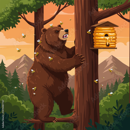 Bear Climbing Tree with Bees and Hive Illustration in Forest