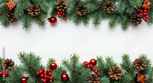 Festive arrangement with pine branches, pine cones, red berries, and red ornaments, placed at the top and bottom edges, leaving a blank white space in the center.