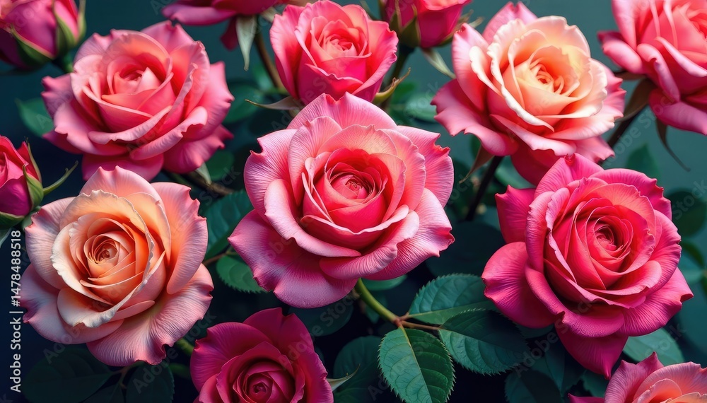 Obraz premium Intricate, overlapping blooming roses in vibrant hues , botanical, repetition, pattern