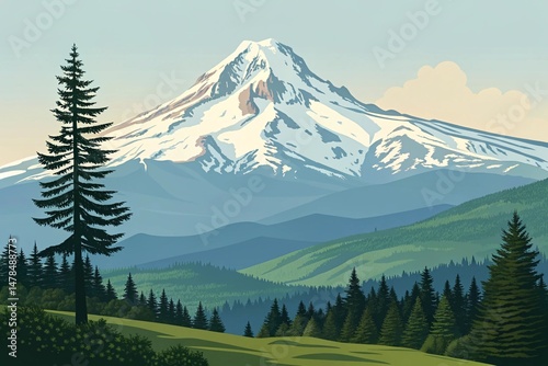 Mount Hood Oregon with Snow-Capped Peak in Digital Art - generated by ai