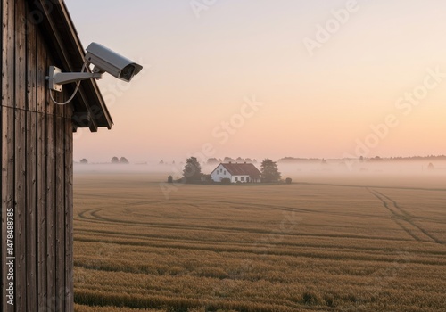 Surveillance camera mounted on wooden barn overlooking foggy countryside with distant farmhouse at sunrise creating a serene atmosphere
