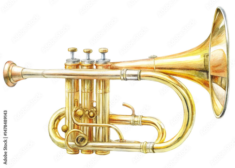 Fototapeta premium Golden trumpet, brass instrument on a transparent background