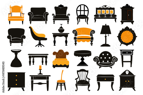 Collection of Stylized Furniture Silhouettes with Orange and Black Accents
