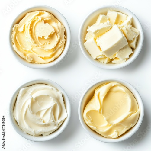 Four bowls of butter and cream cheese top down view on white background in studio lighting for food photography