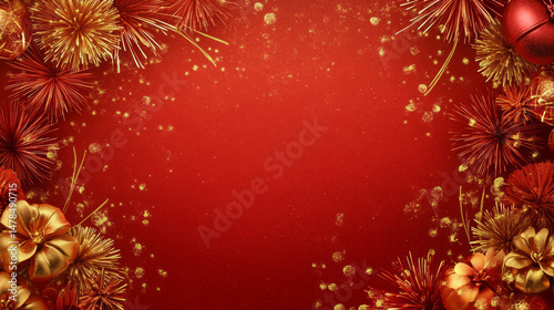 A vibrant Chinese New Year background featuring gold fireworks border rich red hues. AI generative