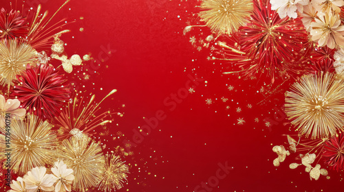 A vibrant Chinese New Year background featuring gold fireworks border rich red hues. AI generative
